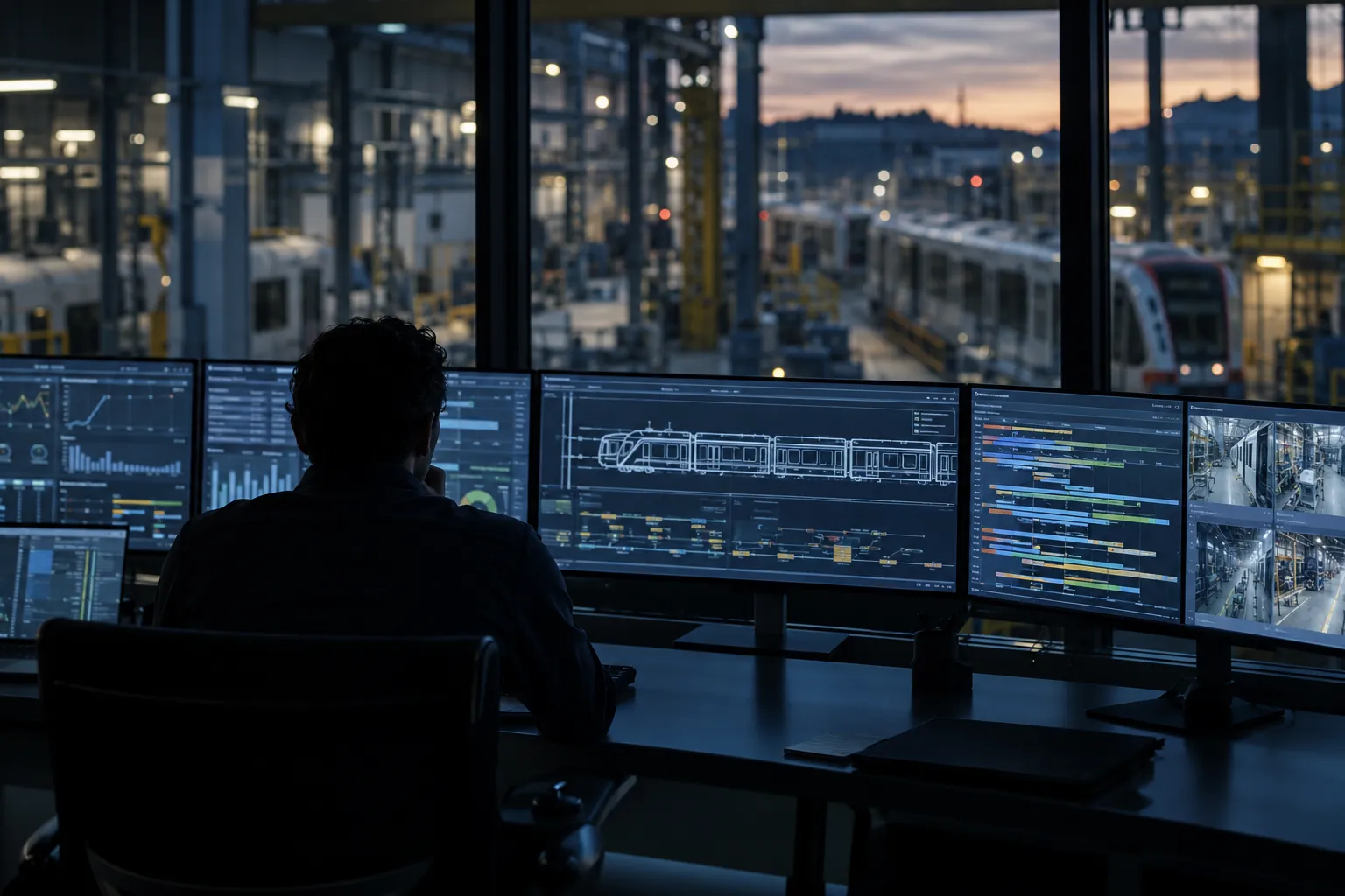 Sala de control de una planta de fabricación de trenes, con pantallas de planificación y esquemas